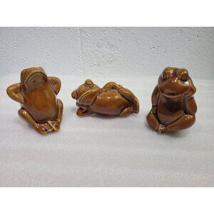 Vintage Ceramic Frogs 3 Brown Glaze Relaxing Figurines Shelf Sitter Table Decor